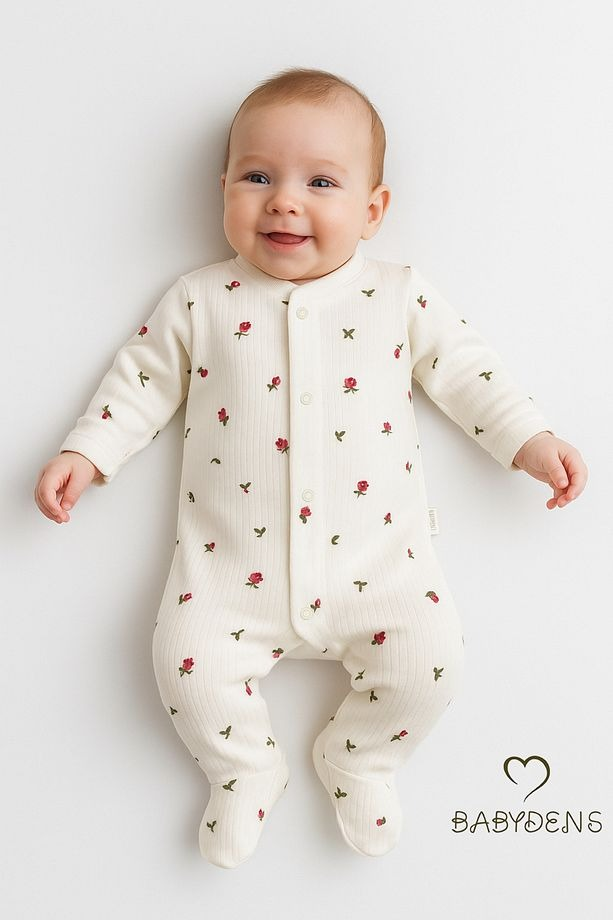 Combinaison bébé avec motif fleuri et bords côtelés – confortable avec boutons-pression, en 100 % coton côtelé, pour nouveau-né.
