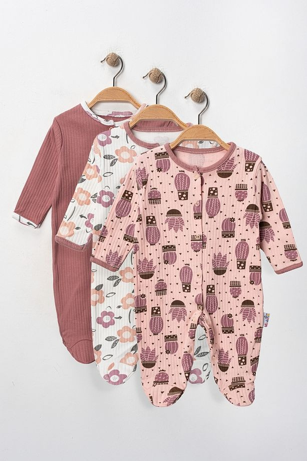 Ensemble de 3 combinaisons pour fille – Nouveau-né 3-6-9 mois – Motif cactus et fleurs – Tenue pour nouveau-né