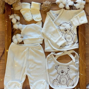 Ensemble de 5 pièces pour nouveau-né – Sortie de maternité en tissu organique à motif ourson.