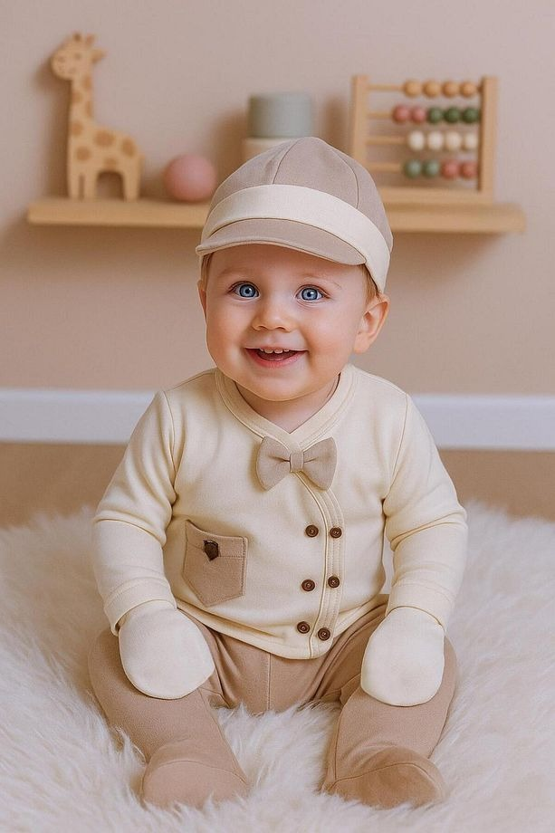 Ensemble de sortie de maternité 5 pièces en coton avec nœud papillon – Bébé garçon