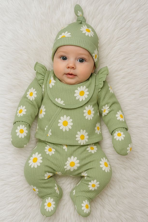 Ensemble de sortie de maternité 5 pièces pour nouveau-née fille, vert clair à motif marguerite
