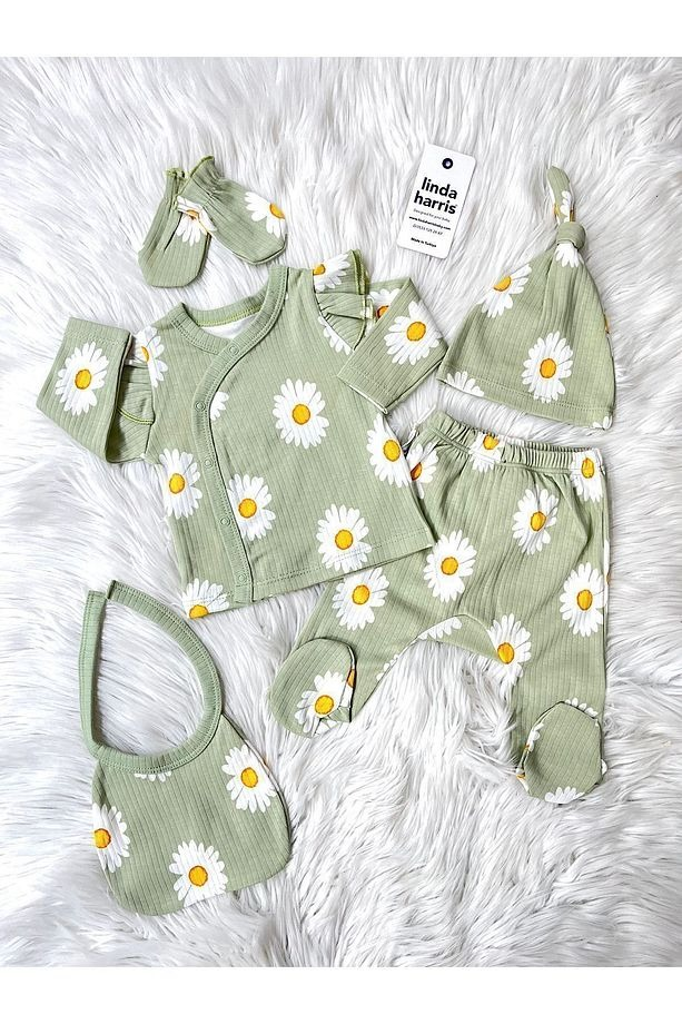 Ensemble de sortie de maternité 5 pièces pour nouveau-née fille, vert clair à motif marguerite - Image 2