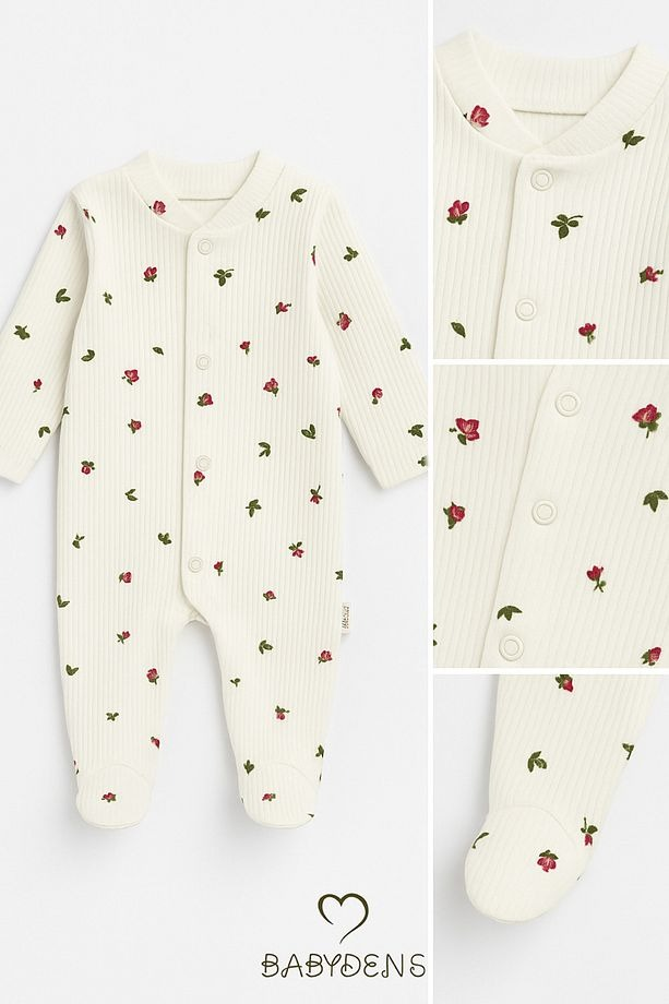 Combinaison bébé avec motif fleuri et bords côtelés – confortable avec boutons-pression, en 100 % coton côtelé, pour nouveau-né. - Image 2
