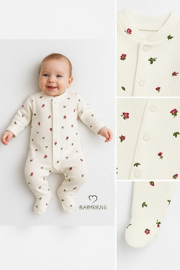 Combinaison bébé avec motif fleuri et bords côtelés – confortable avec boutons-pression, en 100 % coton côtelé, pour nouveau-né. - Image 3