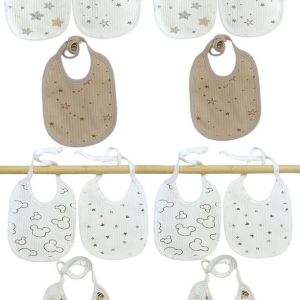 Lot de 12 Bavettes Coton pour Bébé Motifs Étoiles, Nuages et Abeilles